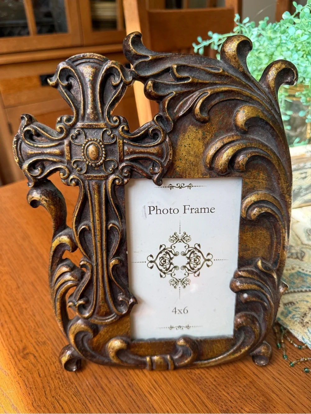 Ornate Cross 4x6 Photo Frame Bronze Gold Scrollwork Christian Home Decor